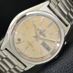 Vintage 1975 Orient Automatic Mens Silver Watch W/daydate & Patina accents